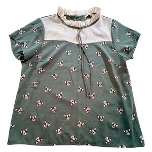 Jessy B French Bulldog Print Blouse Sage Green Ruffle Tie Neck Short Sleeve Top